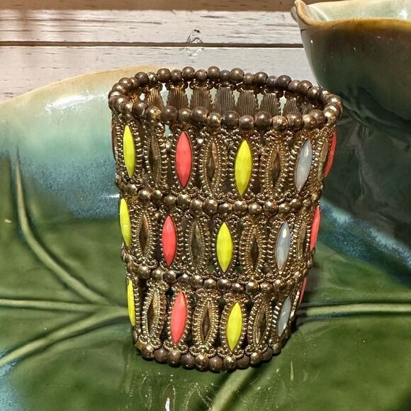 Egyptian Revival Extra Wide Gold Tone Stretch Rhinestone Bracelet - Picture 1 of 6